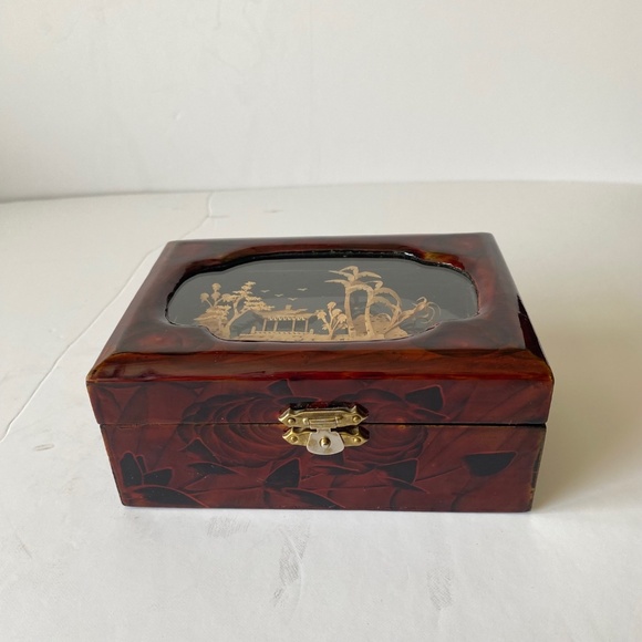 Chinese Cork Diorama Trinket Box Handcrafted in Wood Vintage - Picture 7 of 8